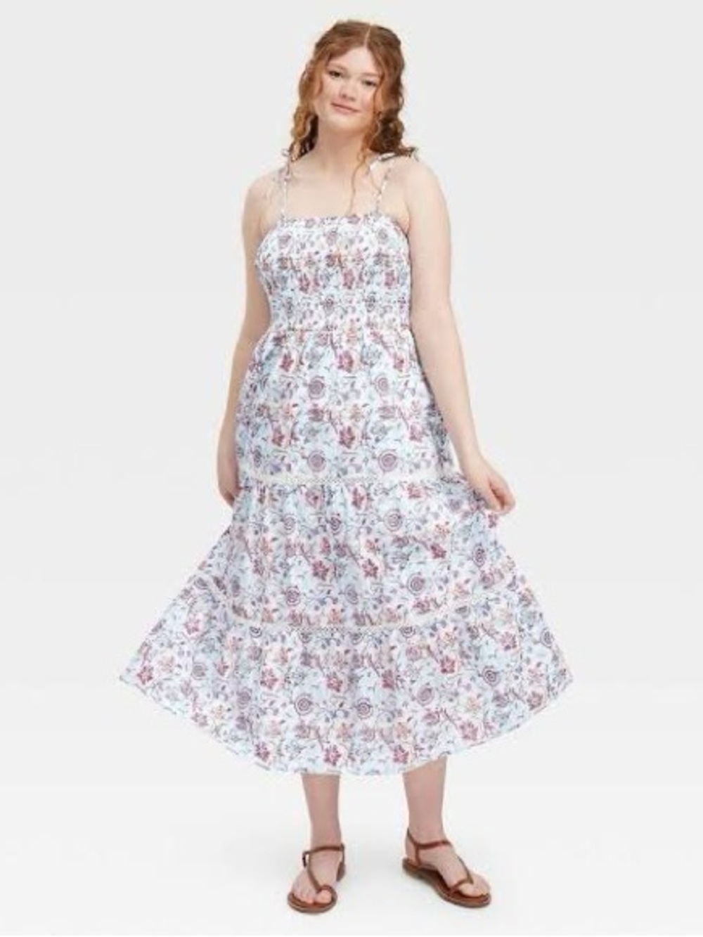 Roller Rabbit White Floral Smocked Midi Dress with Pink Accents